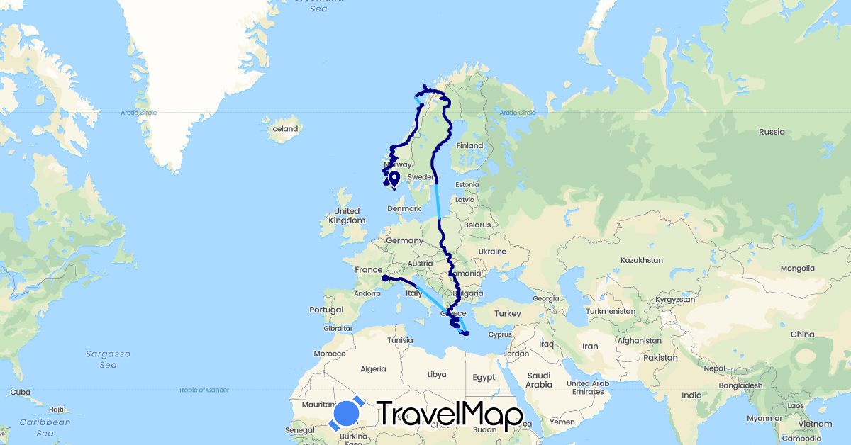 TravelMap itinerary: driving, boat in Bulgaria, France, Greece, Hungary, Italy, Norway, Poland, Romania, Sweden, Slovakia (Europe)
