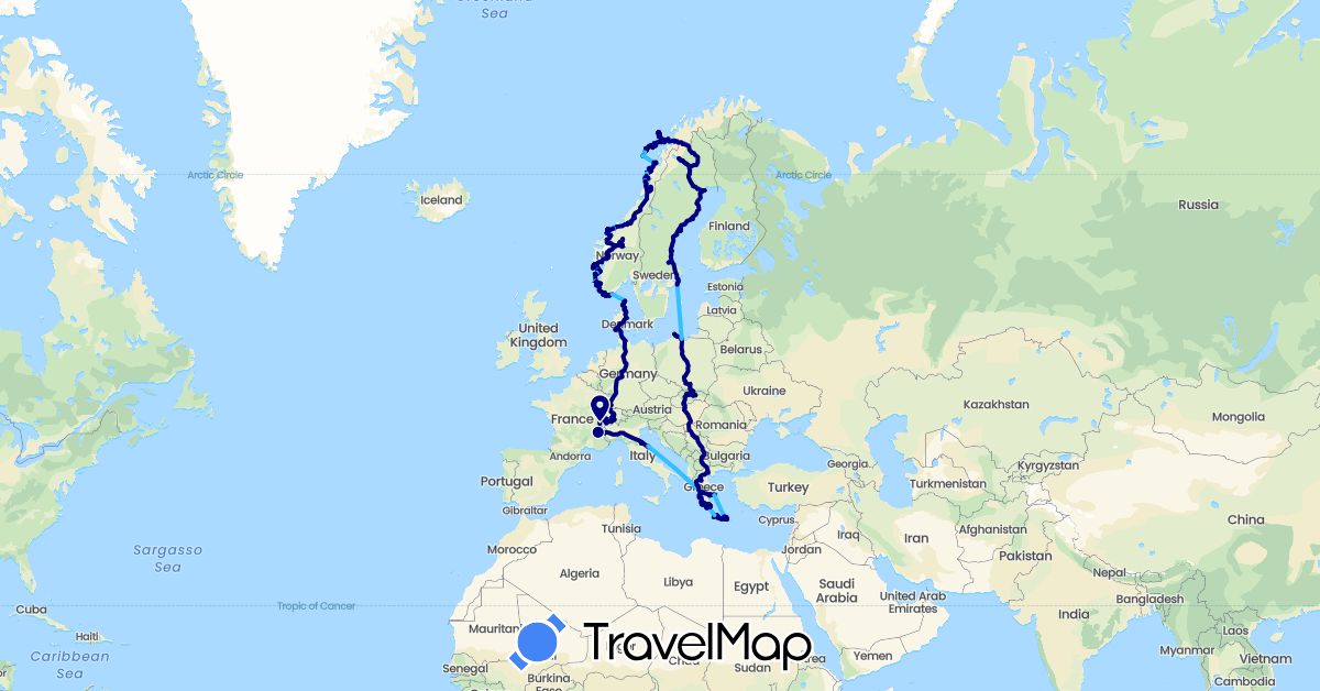 TravelMap itinerary: driving, cycling, boat in Switzerland, Germany, Denmark, France, Guernsey, Greece, Hungary, Italy, Macedonia, Norway, Poland, Sweden, Slovakia, San Marino (Europe)